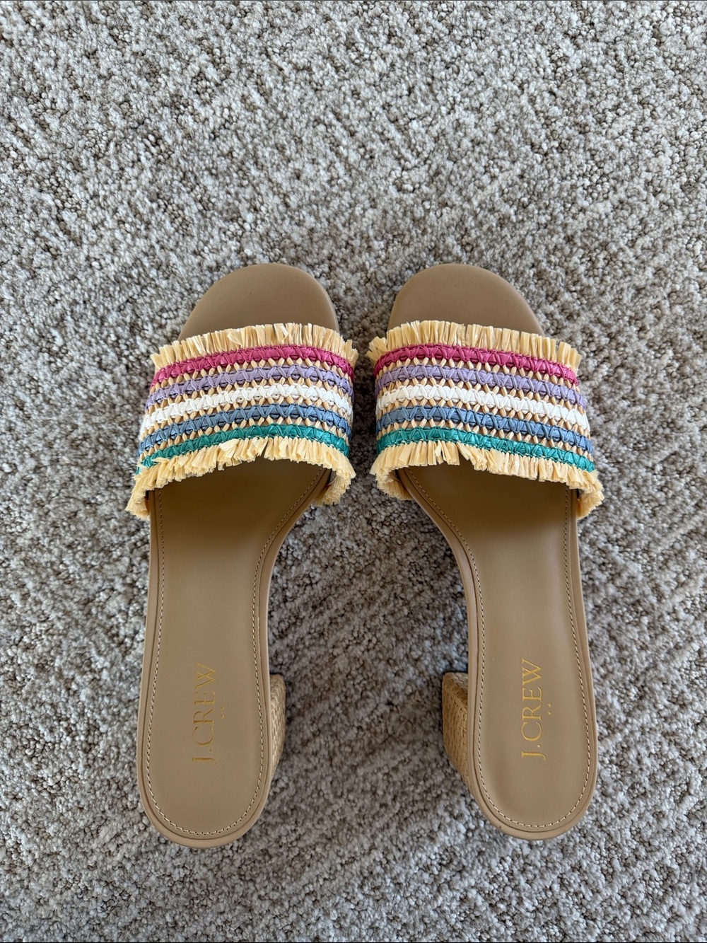 J. Crew Factory Tan Slide Mules with Multicolor Raffia Straps